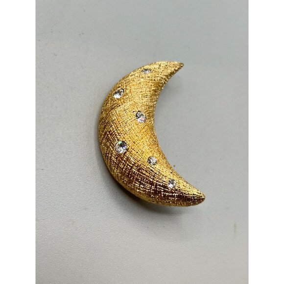 Vintage Christian Dior Moon Brooch Textured Gold Tone Crystals Crescent Moon - Picture 3 of 7